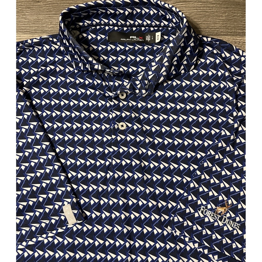 RLX Ralph Lauren Forest Dunes Performance Golf Polo Shirt Geometric AOP Sz Large